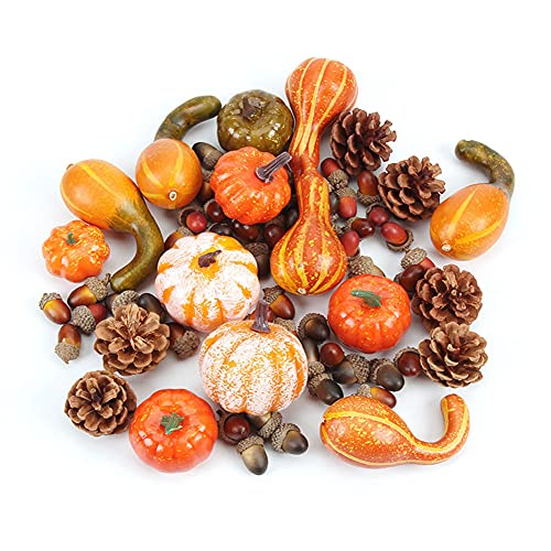 QUUPY 50Pcs Autumn Decoration Artificial Pumpkins set Artificial Maple Leaves Gourds Pine Cones and Acorns for Thanksgiving Fall Party Wedding Halloween Home Table Decor