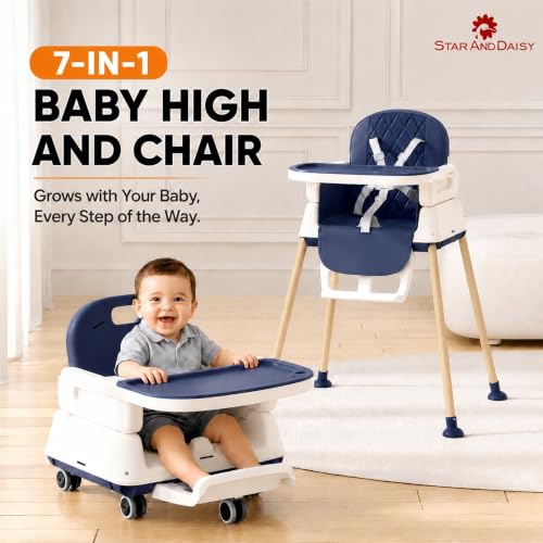 Image of StarAndDaisy 7-in-1 High Chair for Baby, Baby Feeding Chair for 0 to 5 Years, Convertible Booster, Push & Ride-On Baby Chair and 3-Level Adjustable Seat, Double-Layer Tray & Wheels