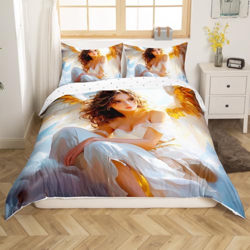 meiyoeat Angel Bedding Set Angel Wings Duvet Cover Set for Kids Boys Girls 3D Printed Angel Comforter Cover Luxury White Quilt Cover with 1 Pillowcase 2Pcs Bedding Toddler,No Comforter