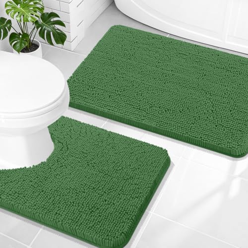 Image of OLANLY Bathroom Rugs Sets 2 Piece, Soft Absorbent Chenille Bath Mats and U-Shaped Contour Toilet Mat Area Rug Set, Machine Washable Bath Carpet, Home Decor Accessories(30 inchx20 inch+24 inchx20 inch, Olive Green)
