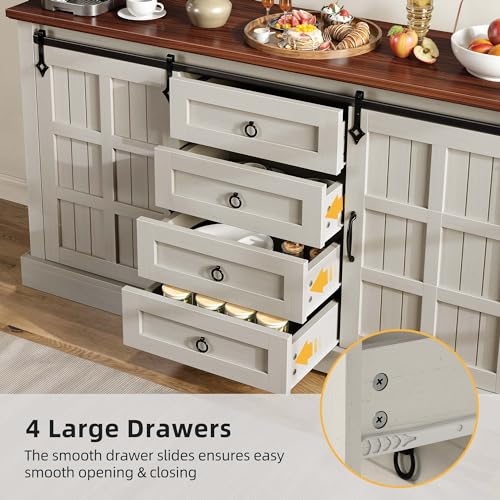 DWVO 59" Kitchen Storage Cabinet, Sideboard Buffet Cabinet with Storage, Sliding Barn Doors and 4 Drawers for Living Room/Kitchen, White Oak