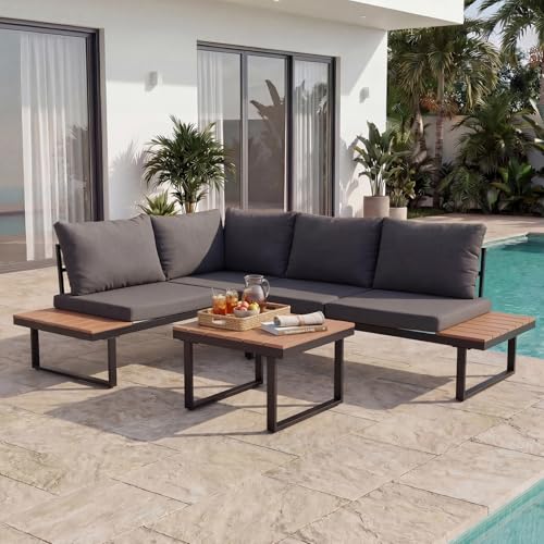 HOMAVO Gartenlounge Set 4 Personen, Loungemöbel Outdoor mit Tisch & Abdeckung, Gartensofa Sitzgruppe Wetterfest, Balkonmöbel für Garten & Terrasse