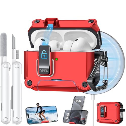 Image of Dual Safety Lock for AirPods Pro 3 Case 2025, Compatible with MagSafe | Designed with Automatic Switch and Phone Stand, Includes a Cleaner & Keychain - Rugged Tough Hard Shell