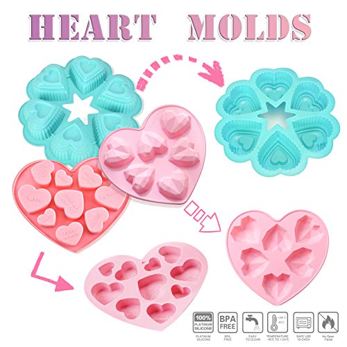 3 Pack Different Silicon Heart Molds, Use For Making Chocolate, Cake, Candy, Baking, Jelly Pudding, Mint Green, Diamond Heart Mold With Cute Macaron Pink，Unique Silicon Heart Molds With Letter. #TOP2