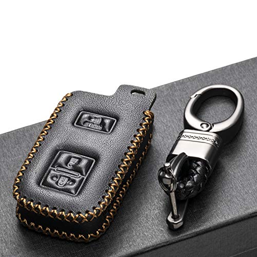 Vitodeco Genuine Leather Keyless Entry Remote Control Smart Key Case Cover With Leather Key Chain For Toyota Land Cruiser, Tacoma, Prius C (3 Buttons, Black) #TOP3