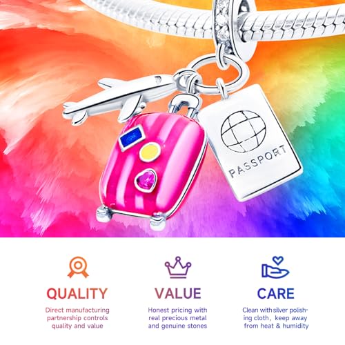 925 Sterling Silver Charms Beads for Bracelets Necklaces, Airplane Passport Sister Heart Coffee Music Book Travel Pendant, Pink Color Cute Animal Jewelry Graduation Birth Gifts for Women Men3