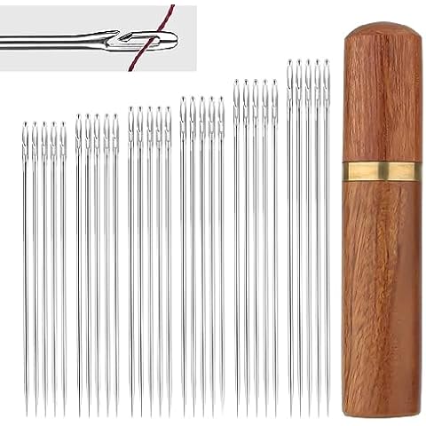 Hokoad 30Pcs Self Threading Needles for Hand Sewing, 6 Sizes Large Eye Sewing Needles Side Threading Hand Sewing Needles with Wood Case Cover