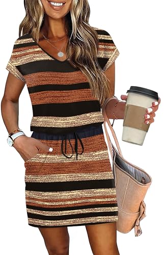 Image of OFEEFAN Summer Dresses for Women 2026 V Neck T Shirt Casual Mini Dresses Tie Waist Sundresses with Pockets