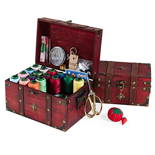 Holz sammlung Cesta de Coser de Madera con Kit de Costura, Más de 130 Piezas Accesorios Vintage Caja de Organización, Casa De Coser Conjunto para Adulto Chicas Viajes a Domicilio y Uso de Emergencia