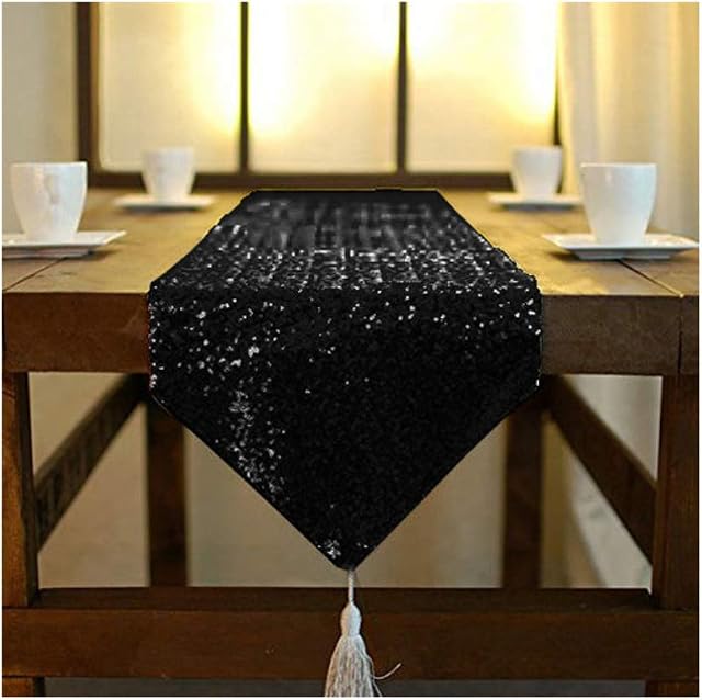 ShinyBeauty Shimmer Black-Sequin Table Runner Tassel-30x180cm, Glitter Round Sequins Fabric for Table Runners in Party Wedding Banquet Table Linen Layout or Decoration 12x72 inches (12x72-Inch, Black)