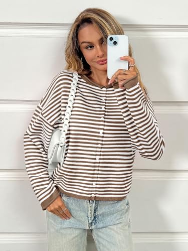 Image of Saodimallsu Womens Striped Cardigan Casual Long Sleeve Open Front Button Down Loose Knit Lightweight Fall Sweaters