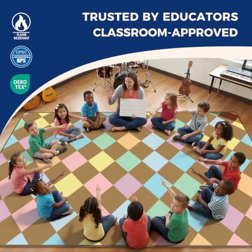 Image of Booooom Jackson Classroom Rug - 7'6''x13' Warm Diamond Patchwork Square Preschool Classroom Carpet, Non-Slip & Stain Resistant, 20X Easy Clean, Thick Nylon Kids Playroom Floor Mat