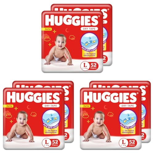 Image of Huggies Complete Comfort Dry Tape Large (L) Size Baby Tape Diapers, Combo Pack of 6, 104 count, with 5 in 1 Comfort (52 Count, Pack of 6)