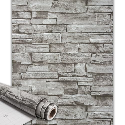 Qenlup Self Adhesive Brick Wallpaper Stone Wall Paper 3D Retro Sticky Back Contact Papers for Living Room Bathroom Kitchen, Grey, 44.5x300cm