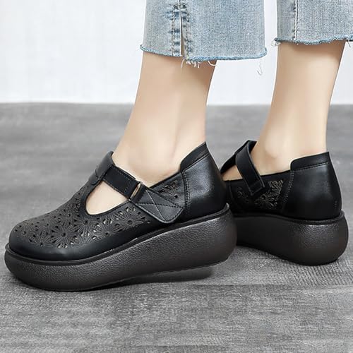 Women's Genuine Leather Hollow Wedge Platform Slip on Rocking Shoes Retro Comfortable Breathable Non-Slip Round Toe Hook Loop Soft Sole Nurse Mom Loafers for Walking Party4