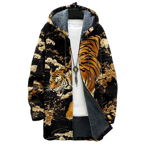 Mens Dragon Graphic Vintage Fleece Jacket Hooded Cardigan Zip Up Japanese Long Coat Tiger Print Outwear with Pockets
