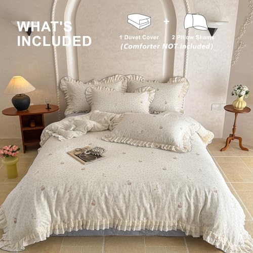 Image of VM VOUGEMARKET Cute Rabbit Duvet Cover Twin with Ruffles Botanical Flower Duvet Cover with Zipper Ties Soft Muslin Cotton Romantic Girls Lace Comforter Cover with 2 Pillow Shams