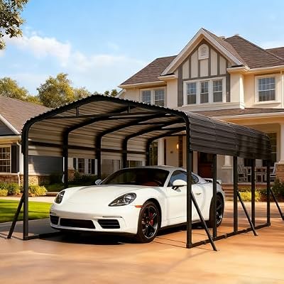 HOPETANA 12x20 Metal Carport, Heavy Duty Outdoor Vehicle Shelter with Steel Frame & Roof, DIY Assembly Open-Side Canopy for Car, Pickup, Boat & Equipment