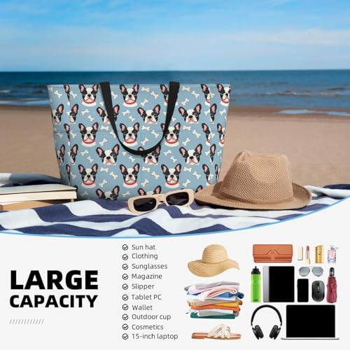 Large Beach Bags for Women Sandproof - Cute French Bulldog Print Q Summer Work Travel Tote Bags with Zipper4