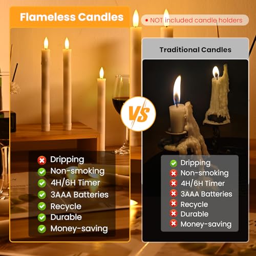 Image of JOSU LED Flameless Taper Candles with Remote Timer, 6 Pcs Ivory Fake Candlesticks Battery Operated 3D Flickering, Realistic Electric Candles Warmer Lamp Light for Wedding Party Home Decor, 0.78 inchx8.86 inch