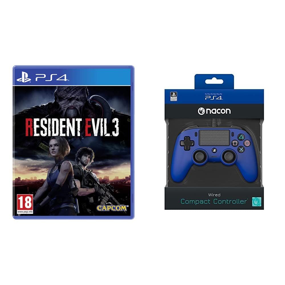 Resident Evil 3 Remake (PS4)+Nacon Wired Compact Controller for PS4 (Blue) PlayStation official Licensed Product