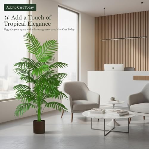Image of Artificial Areca Palm Plant with Black Pot - 145 cm Tall Faux Tropical Decorative Plant with 35 Leaves for Home, Office & Living Room Decor