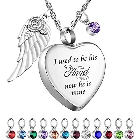 Dletay Heart Cremation Necklace for Ashes Angel Wing Urn Necklace with 12 PCS Birthstones-I Used to be His Angel, Now He is Mine Cover