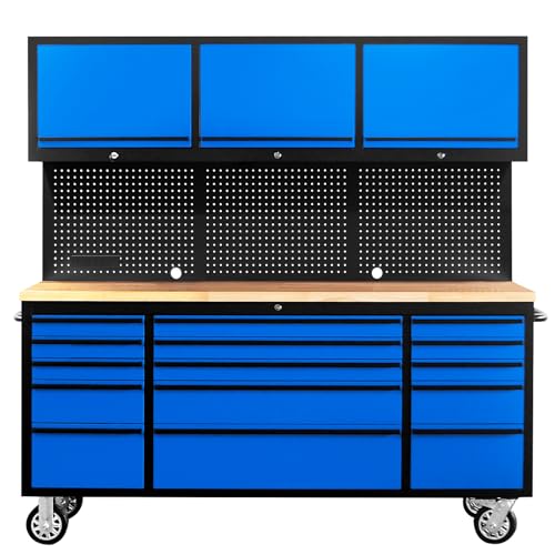 CHETTO C 72 inch Tool Chest Tool Box Mobile 15 Drawer Storage 3 Upper Cabinet Power Outlet SS-Pegboard with Wheels Lock Key Locking System Drawer Liners for Garage Warehouse Repair Shop