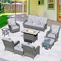 HOOOWOOO Patio Outdoor Furniture Set with Propane Fire Pit Table Swivel Chair,9 Piece Modern Wicker Couch Sofa, Outside Summer Conversation Seating Ottoman Set(Light Gray)