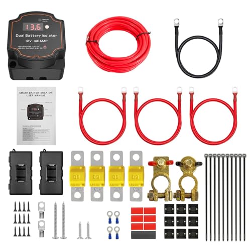 12V Split Charge Relay Kit 5M 140 Amp Smart Dual Battery Isolator Kit with Led Voltmeter Manual/Auto Mode Waterproof Voltage Sensitive Relay VSR Kit for Truck ATV UTV Boat RV
