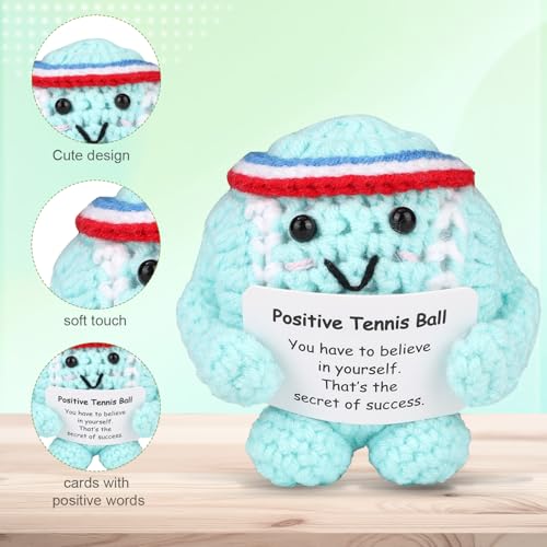 Image of TOYMIS Positive Tennis Ball, Adorable Handmade Knitted Positive Tennis Ball with Encouragement Card Funny Crochet Inspirational Doll for Party Favor & Office Home Decor