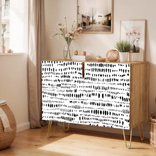 SIGNWIN Sideboard Buffet Cabinet, Kitchen Storage Cabinet with 2 Doors, Black & White Line Art Paint Strokes Pattern, Cupboard Console Table for Dining Room - 35