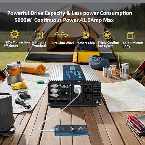 Image of WZRELB 5000W Pure Sine Wave Inverter 36V DC to 110V 120V AC Power Converter with LED Display, Hardwire Terminal,Off-Grid Portable Power Inverter with 4 AC Outlets for Home, RV, Truck, Camping