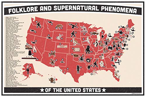 Folklore and Supernatural Phenomena Of The United States Poster Map Chart Bigfoot Spooky Urban Legends Myths Ghosts Monsters Cryptids Cool Wall Art Print Poster 16x24