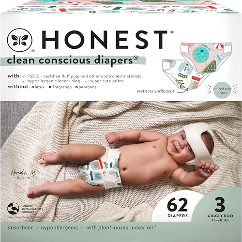 Image of The Honest Company Clean Conscious Diapers | Plant-Based, Sustainable | Winter '24 Limited Edition Prints | Club Box, Size 3 (16-28 lbs), 62 Count