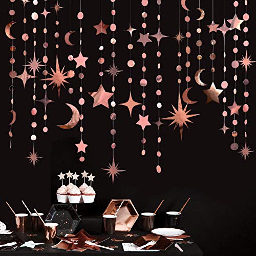 Image of Rose Gold Star Moon Party Decorations Gold Circle Dot Garland Crescent and Twinkle Little Star Streamer Banner for to The Moon Birthday Witchy Whimsical Ramadan EID Mubarak Celestial Decor Supplies