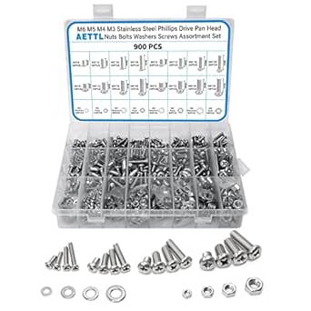 AETTL 900pcs M6 M5 M4 M3 Nuts and Bolts Assortment Kit, Stainless Steel Metric Assorted Machine Screws Set Phillips Drive Pan Head with Flat Washers