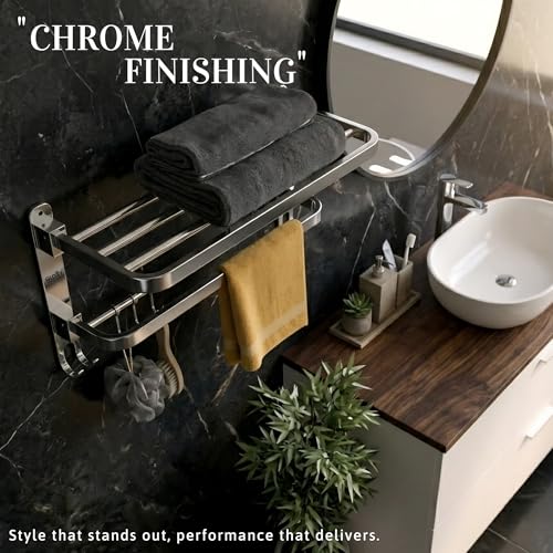 Image of Gloxy Premium 18 Inch Towel Holder in Bathroom - Stainless Steel Towel Rack & Folding Bathroom Hangers for Clothes with Chrome Finish - Wall Mounted Towel Stand with Multipurpose Hooks