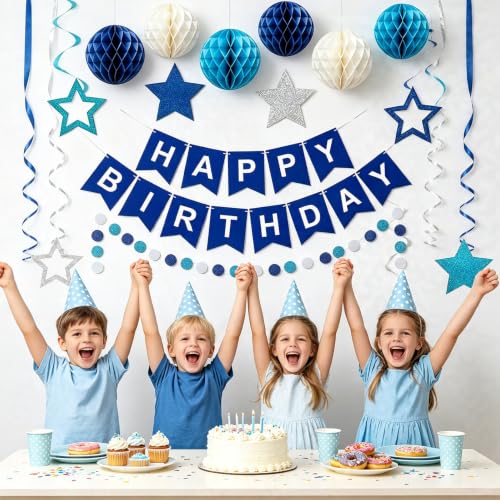 Image of Blue Birthday Decorations for Men | Pre-Strung Happy Birthday Banner with Honeycomb Balls, Circle Dots & Streamers Kit