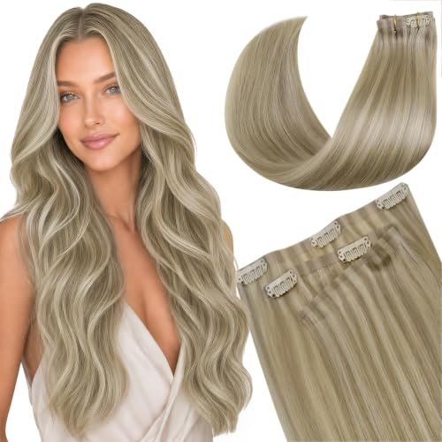Image of LaaVoo Seamless Clip in Hair Extensions Blonde Seamless Hair Extensions Clip ins Dark Ash Blonde Highlights Light Blonde Seamless Clip ins Hair Extension Real Human Hair PU Weft 14 Inch 7pcs /110g