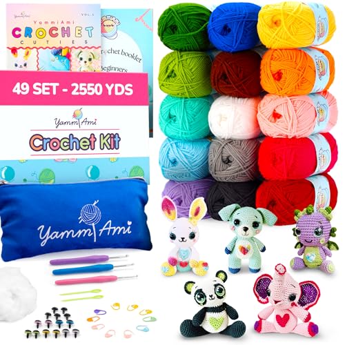 Image of YammiAmi 2,550 Yards Beginner Crochet Kit for Adults - 15 Large Single Color Yarn Skeins - 49 Pc Amigurumi Crochet Kit for Starters - Learn to Crochet with Instruction Book - Accessories Set