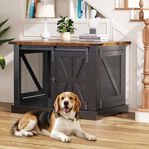 40' Dog Crate Furniture for Medium Dogs Up to 45 lb, Farmhouse Indoor End Table Dog Kennel with Sliding Doors, Versatile Decorative Pet House for Calm or Trained Dogs for Living Room Bedroom, Black