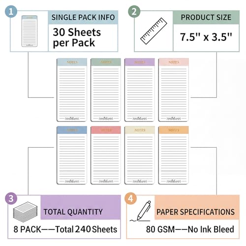 Bloc-notes magnétiques Thboxes lot de 8 blocs lignés pour listes de courses sur frigo