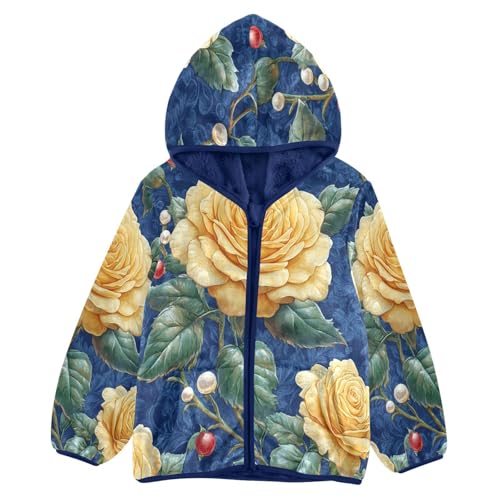 Golden Roses on Blue Toddler Fleece Jacket Girl Boys Hooded Fleece Jacket Coat Warm Outwear Zip-up 3-10T