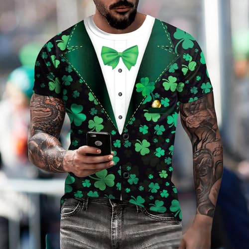 Image of Eciodci Men's St Patricks Day T-Shirts Novelty 3D Printed Shamrock Tuxedo Tees Shirt Clover Leaves Casual Short Sleeve Shirts