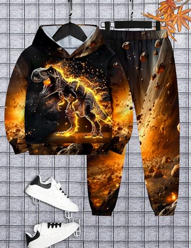 Image of Boys Clothes, T-Rex Print Dinosaur Boy Clothes Fall Winter Outfits Long-sleeved Hooded Sweatshirt Pants 2Pcs Set