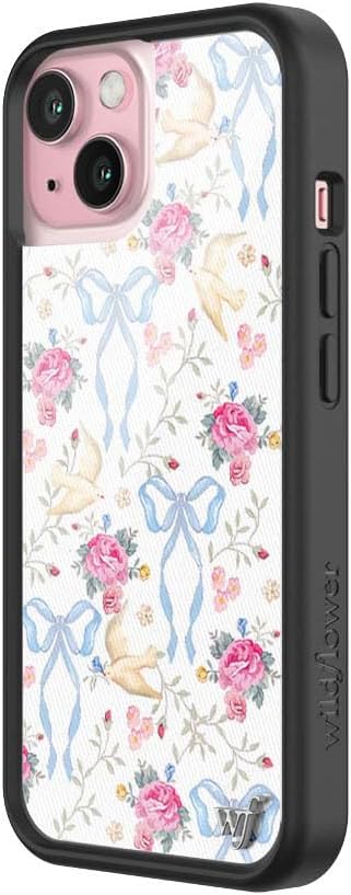 Wildflower Cases - Compatible with iPhone 15 | Protective Black Bumper, 6.5ft Drop Test Certified, Women Owned Small Business | Pink, White, Floral, Doves, Trendy, Cute | Lovey Dovey