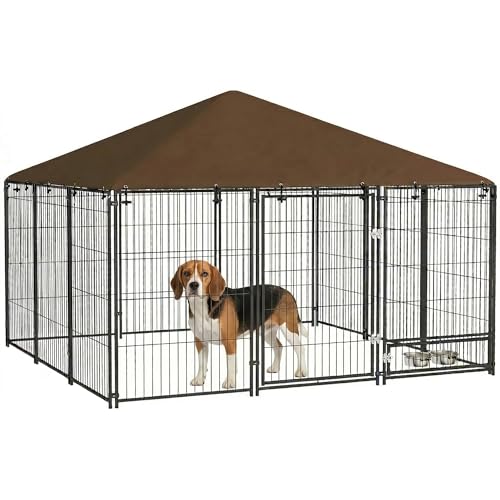 PawHut Recinto per Cani da Esterno, Box per Cani in Acciaio 211x211x151 cm con Tetto Anti-UV, Impermeabile, Ciotola Girevole, Kennel Recinzione Spazioso per Cuccioli, Giardino, Nero e Marrone
