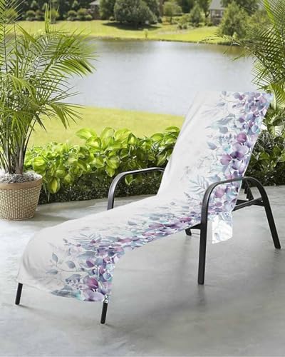 Eucalyptus Plant Beach Chair Towel Covers for Chaise Lounge with Side Pocket, Soft Plush Pool Towels Cover for Patio Sunbathing Outdoor 29''x85'' Gradient Purple Botanical Leaves