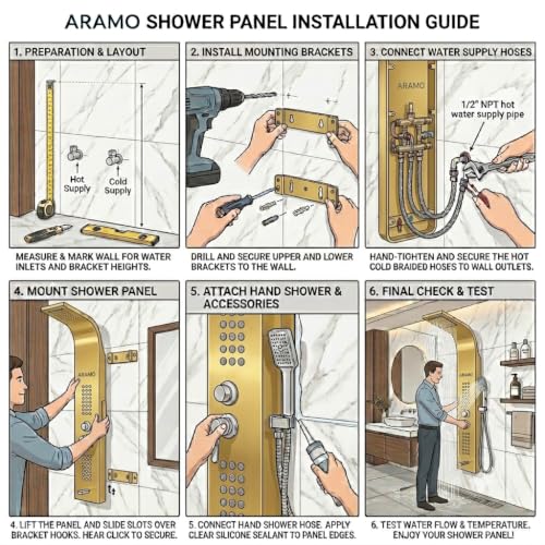 Image of ARAMO Shower Panel - Wave with Waterfall Shower, Massage Jet, 5 Water Functions (Gold)